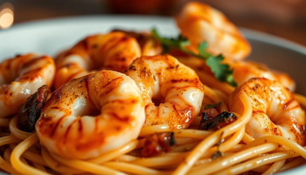A close-up shot of perfectly cooked Cajun shrimp pasta, with al dente linguine noodles glistening in a creamy, spice-infused sauce. The shrimp are plump and seared to a delicate char, their vibrant orange hues contrasting beautifully against the deep red and brown tones of the Cajun seasoning. The dish is illuminated by soft, warm lighting, casting a cozy, inviting atmosphere. The camera angle is slightly elevated, showcasing the rich, layered textures and mouthwatering presentation of this expertly prepared Cajun shrimp pasta. A close-up shot of perfectly cooked Cajun shrimp pasta, with al dente linguine noodles glistening in a creamy, spice-infused sauce. The shrimp are plump and seared to a delicate char, their vibrant orange hues contrasting beautifully against the deep red and brown tones of the Cajun seasoning. The dish is illuminated by soft, warm lighting, casting a cozy, inviting atmosphere. The camera angle is slightly elevated, showcasing the rich, layered textures and mouthwatering presentation of this expertly prepared Cajun shrimp pasta.
